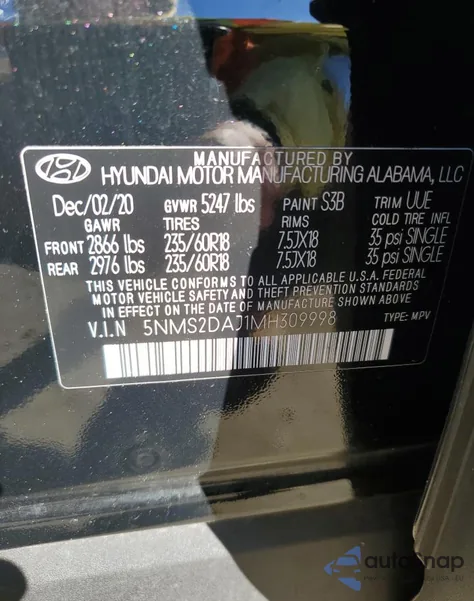 2021 Hyundai Santa Fe Sel из США, поврежденный, VIN 5NMS2DAJ1MH309998